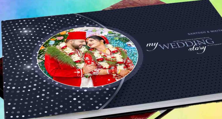 A navy wedding album cover titled My Wedding Story with a round photo of the couple